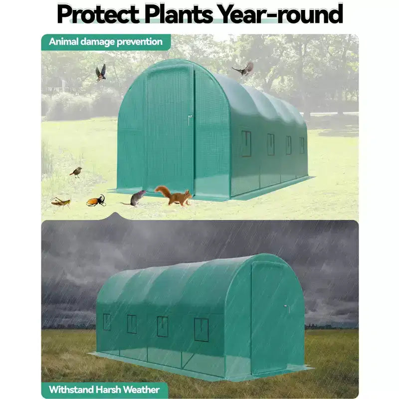 Serre tunnel avec porte, cadre en acier galvanisé avec 8 fenêtres de ventilation en maille, porte à enroulement avec fermeture éclair, bâche en PE durable pour légumes et fleurs
