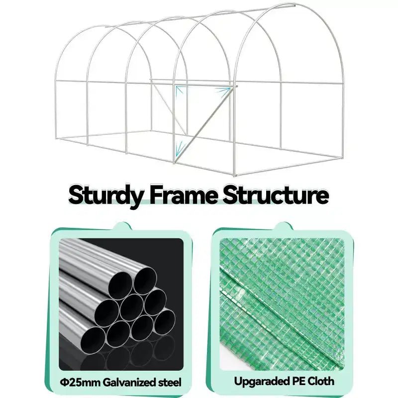 Serre tunnel avec porte, cadre en acier galvanisé avec 8 fenêtres de ventilation en maille, porte à enroulement avec fermeture éclair, bâche en PE durable pour légumes et fleurs