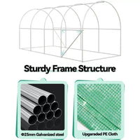 Serre tunnel avec porte, cadre en acier galvanisé avec 8 fenêtres de ventilation en maille, porte à enroulement avec fermeture éclair, bâche en PE durable pour légumes et fleurs