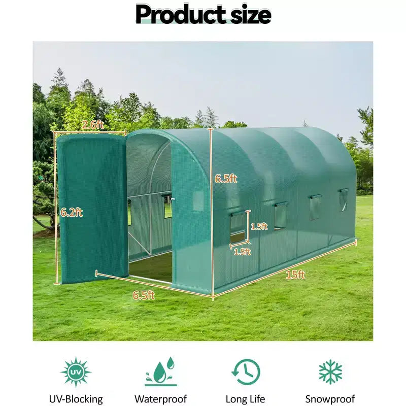 Serre tunnel avec porte, cadre en acier galvanisé avec 8 fenêtres de ventilation en maille, porte à enroulement avec fermeture éclair, bâche en PE durable pour légumes et fleurs