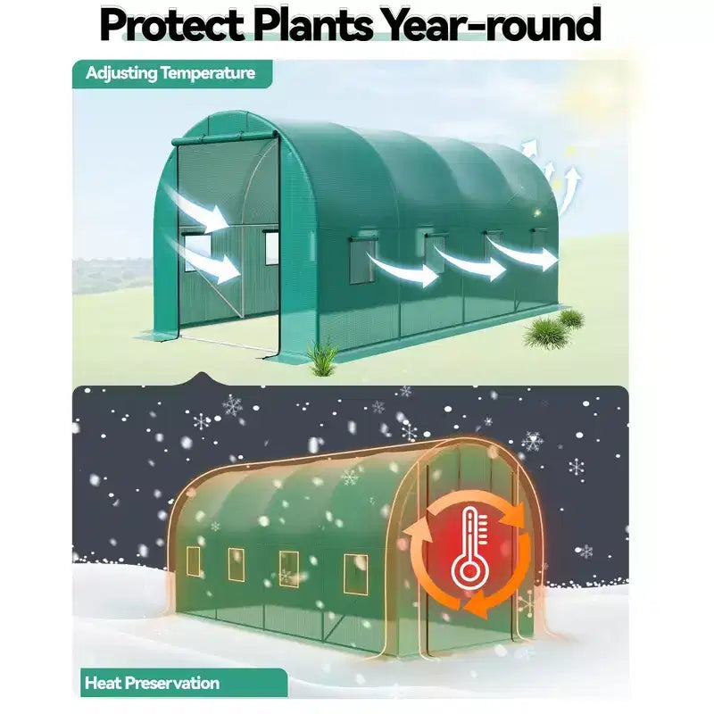Serre tunnel avec porte, cadre en acier galvanisé avec 8 fenêtres de ventilation en maille, porte à enroulement avec fermeture éclair, bâche en PE durable pour légumes et fleurs