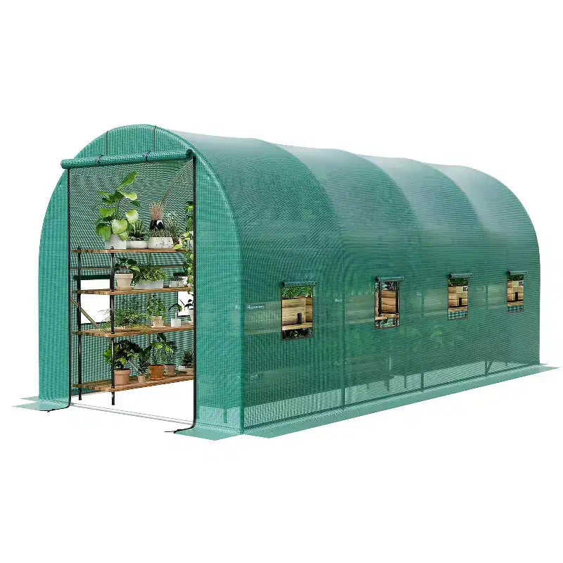 Serre tunnel avec porte, cadre en acier galvanisé avec 8 fenêtres de ventilation en maille, porte à enroulement avec fermeture éclair, bâche en PE durable pour légumes et fleurs