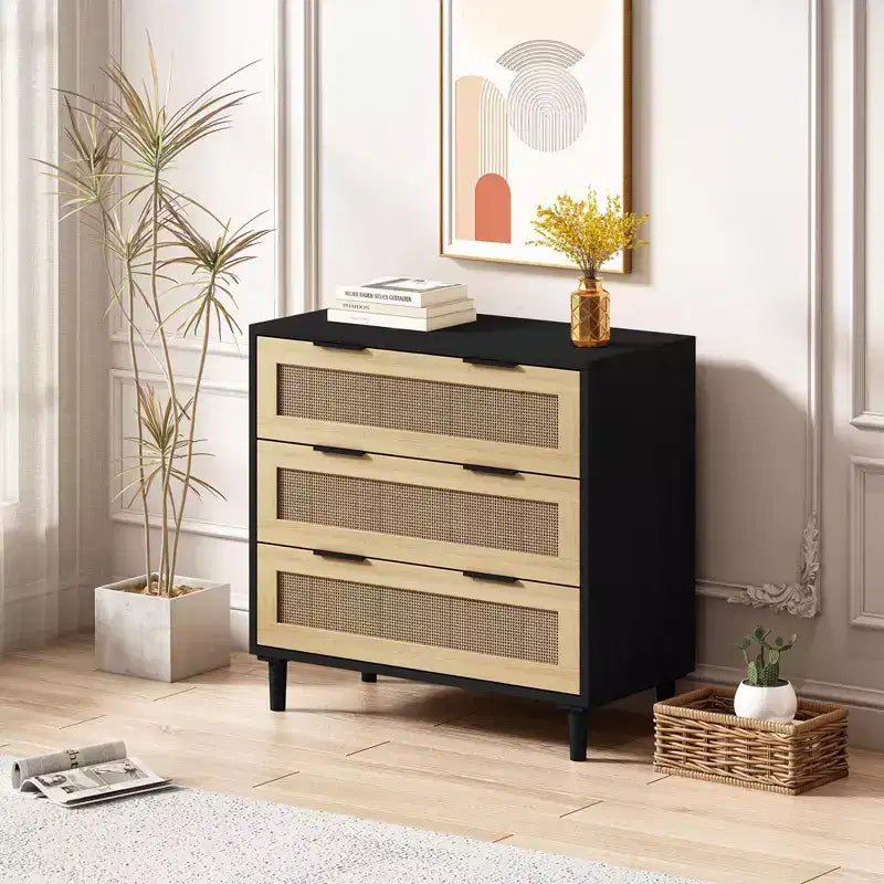 CuisinSmart Grande table de chevet avec tiroirs, table de chevet commode en rotin de 80 cm avec 3 tiroirs pour salon et chambre à coucher