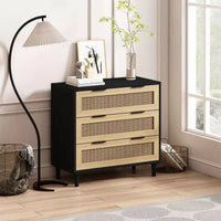 CuisinSmart Grande table de chevet avec tiroirs, table de chevet commode en rotin de 80 cm avec 3 tiroirs pour salon et chambre à coucher
