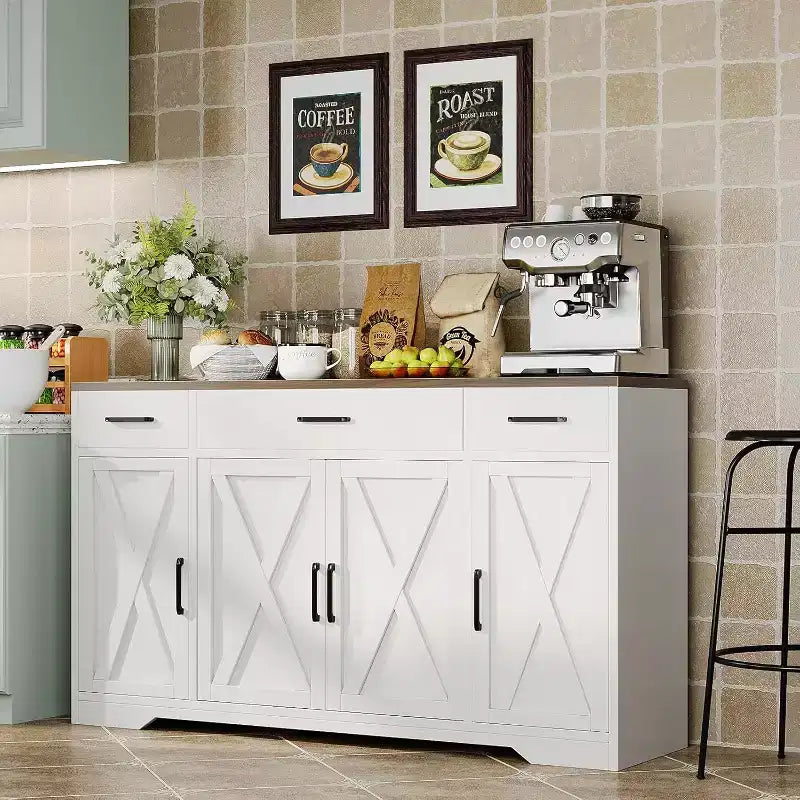 Buffet de ferme avec rangement – Grand buffet de cuisine de 140 cm avec 3 tiroirs, meuble bar à café en bois pour salle à manger et salon