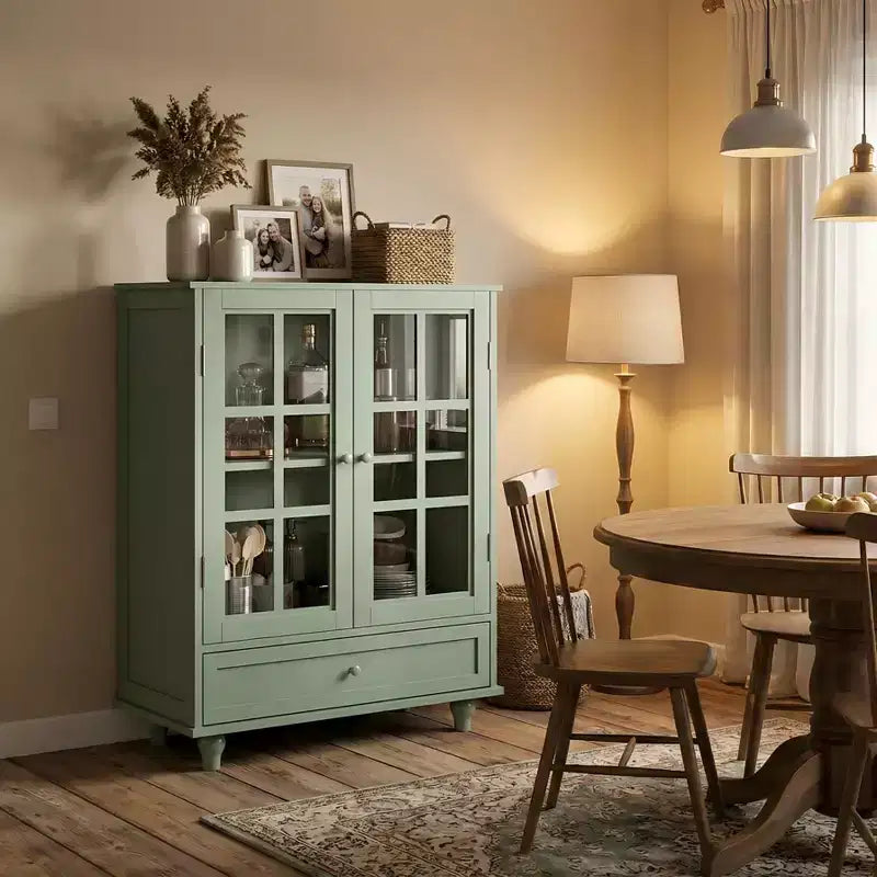 Buffet minimaliste FurnitureR avec portes vitrées et tiroir, armoire de rangement style ferme pour salle à manger, cuisine, salon, entrée