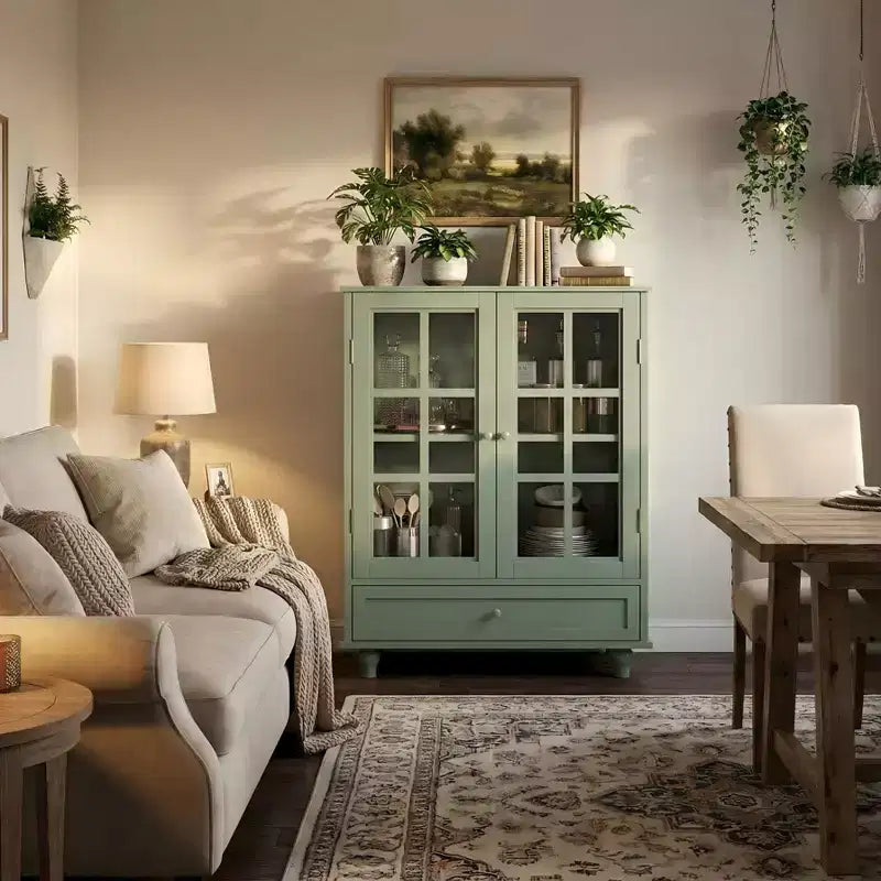 Buffet minimaliste FurnitureR avec portes vitrées et tiroir, armoire de rangement style ferme pour salle à manger, cuisine, salon, entrée