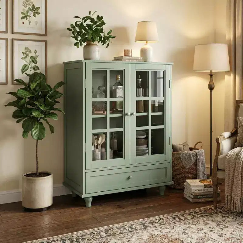 Buffet minimaliste FurnitureR avec portes vitrées et tiroir, armoire de rangement style ferme pour salle à manger, cuisine, salon, entrée