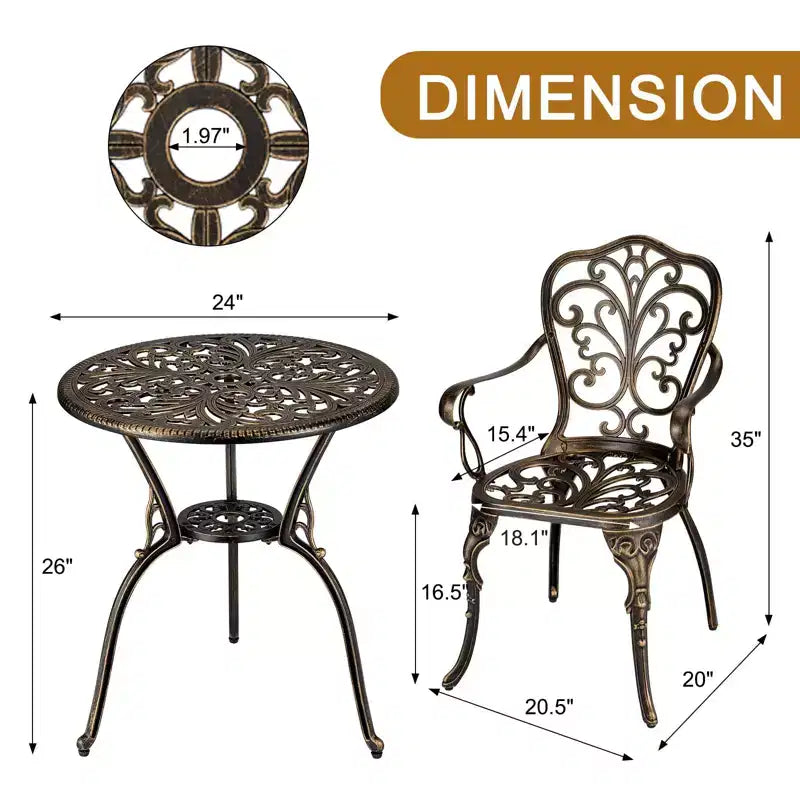 Ensemble de bistro 3 pièces en fonte d'aluminium pour terrasse - Table ronde et 2 chaises avec trou pour parasol, mobilier d'extérieur toutes saisons pour porche et jardin