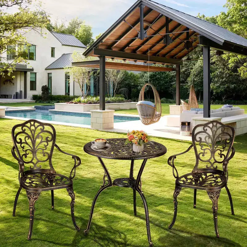 Ensemble de bistro 3 pièces en fonte d'aluminium pour terrasse - Table ronde et 2 chaises avec trou pour parasol, mobilier d'extérieur toutes saisons pour porche et jardin