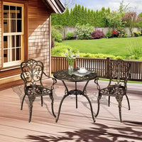 Ensemble de bistro 3 pièces en fonte d'aluminium pour terrasse - Table ronde et 2 chaises avec trou pour parasol, mobilier d'extérieur toutes saisons pour porche et jardin
