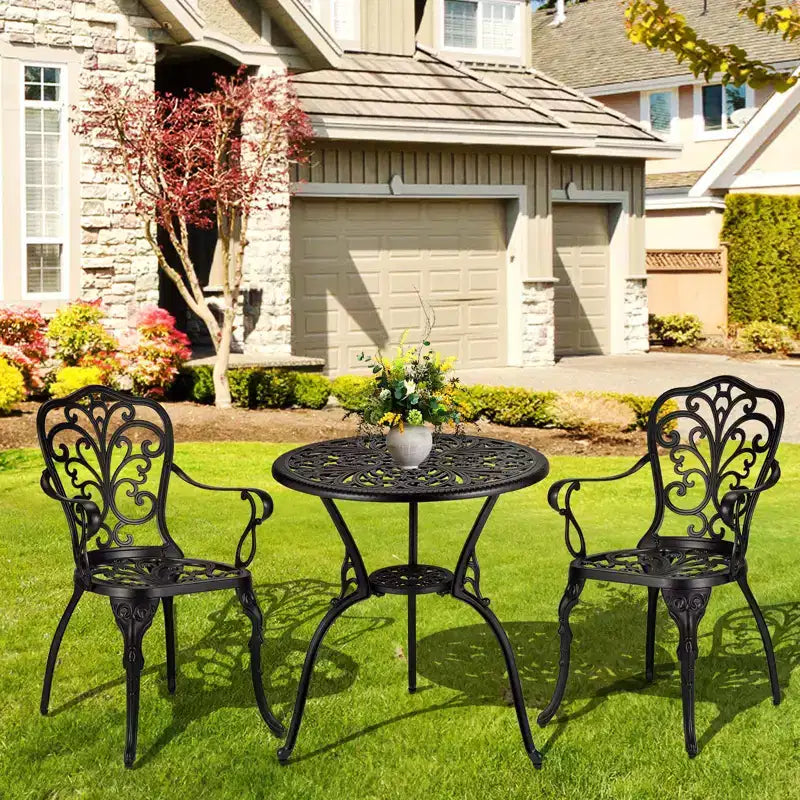 Ensemble de bistro 3 pièces en fonte d'aluminium pour terrasse - Table ronde et 2 chaises avec trou pour parasol, mobilier d'extérieur toutes saisons pour porche et jardin