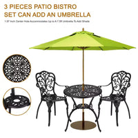 Ensemble de bistro 3 pièces en fonte d'aluminium pour terrasse - Table ronde et 2 chaises avec trou pour parasol, mobilier d'extérieur toutes saisons pour porche et jardin