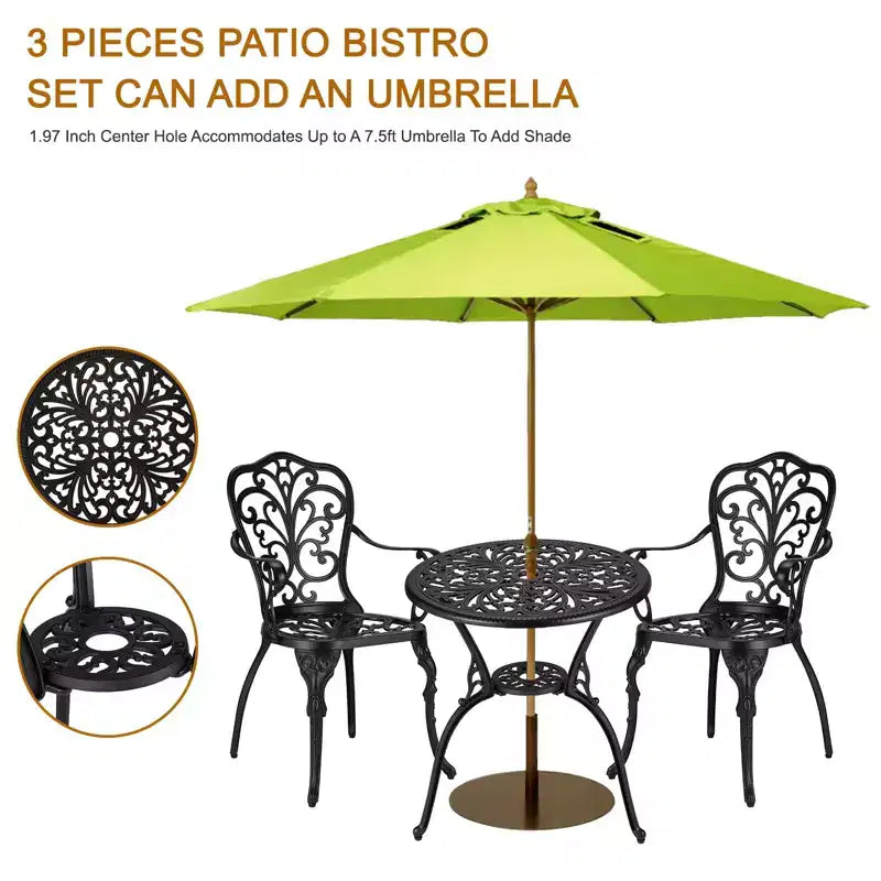 Ensemble de bistro 3 pièces en fonte d'aluminium pour terrasse - Table ronde et 2 chaises avec trou pour parasol, mobilier d'extérieur toutes saisons pour porche et jardin