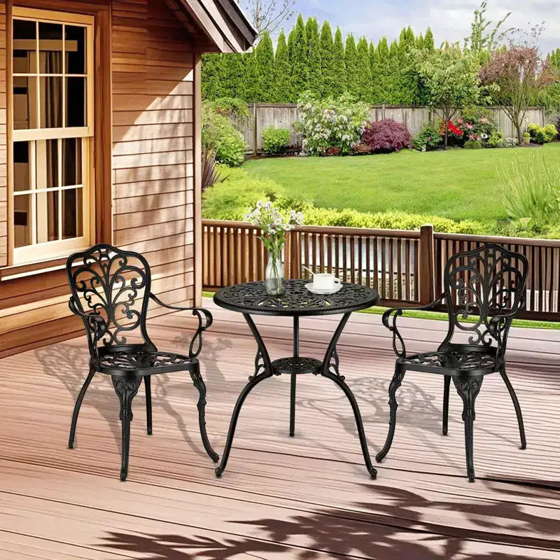 Ensemble de bistro 3 pièces en fonte d'aluminium pour terrasse - Table ronde et 2 chaises avec trou pour parasol, mobilier d'extérieur toutes saisons pour porche et jardin