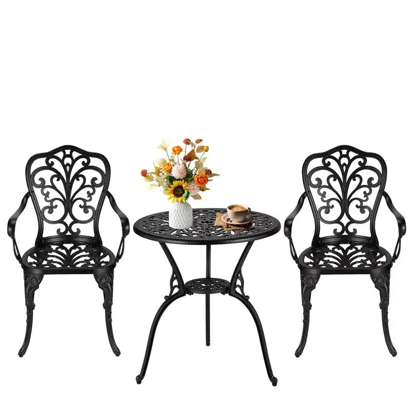 3-Piece Cast Aluminum Patio Bistro Set - Round Table & 2 Chairs with Umbrella Hole, All-Weather Outdoor Furniture for Porch Backyard