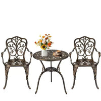 Ensemble de bistro 3 pièces en fonte d'aluminium pour terrasse - Table ronde et 2 chaises avec trou pour parasol, mobilier d'extérieur toutes saisons pour porche et jardin