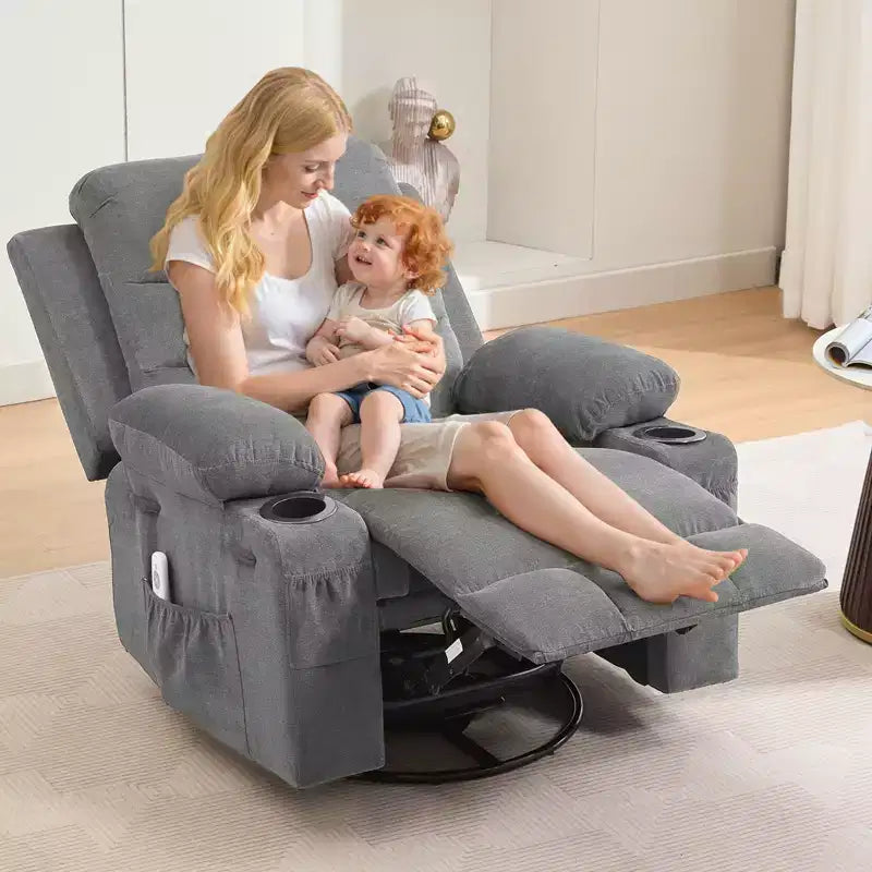Fauteuil inclinable pivotant à bascule avec massage et chauffage, fauteuil à 360° avec porte-gobelets et poches latérales, ergonomique pour salon, camping-car, chambre de bébé