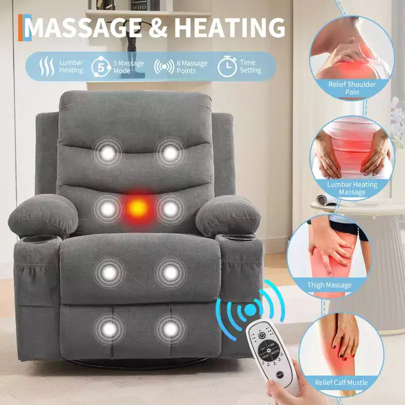 Fauteuil inclinable pivotant à bascule avec massage et chauffage, fauteuil à 360° avec porte-gobelets et poches latérales, ergonomique pour salon, camping-car, chambre de bébé