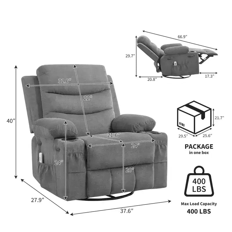 Fauteuil inclinable pivotant à bascule avec massage et chauffage, fauteuil à 360° avec porte-gobelets et poches latérales, ergonomique pour salon, camping-car, chambre de bébé