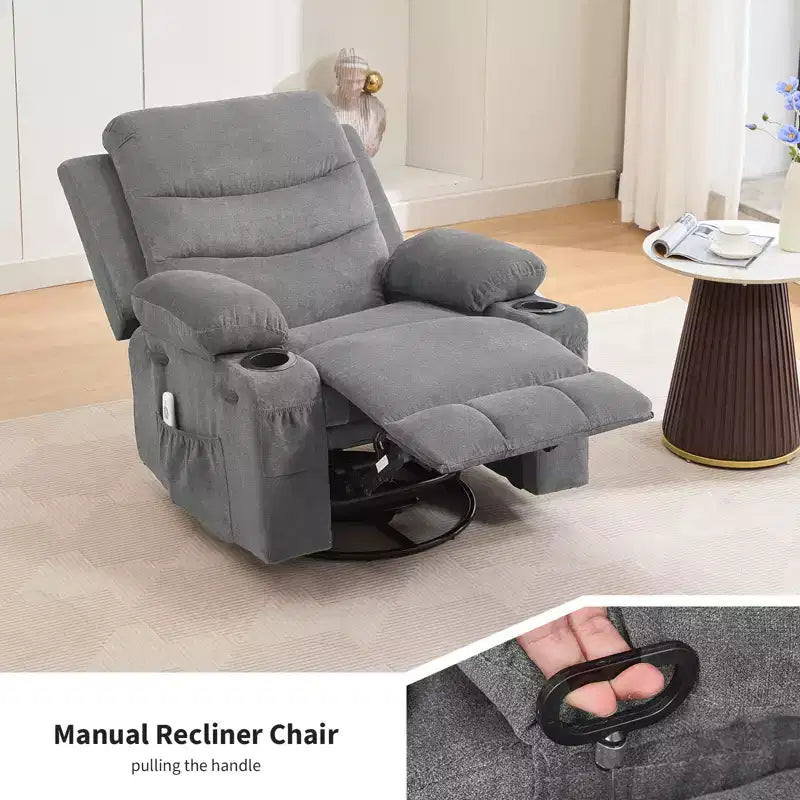 Fauteuil inclinable pivotant à bascule avec massage et chauffage, fauteuil à 360° avec porte-gobelets et poches latérales, ergonomique pour salon, camping-car, chambre de bébé