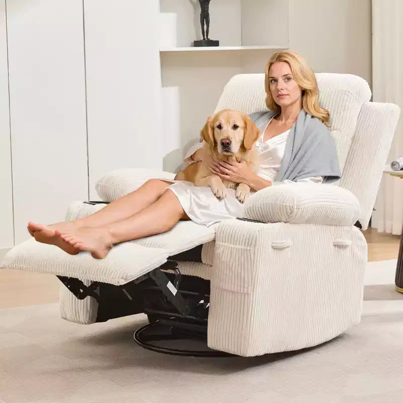 Fauteuil inclinable pivotant à bascule avec massage et chauffage, fauteuil à 360° avec porte-gobelets et poches latérales, ergonomique pour salon, camping-car, chambre de bébé