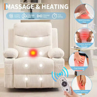 Fauteuil inclinable pivotant à bascule avec massage et chauffage, fauteuil à 360° avec porte-gobelets et poches latérales, ergonomique pour salon, camping-car, chambre de bébé