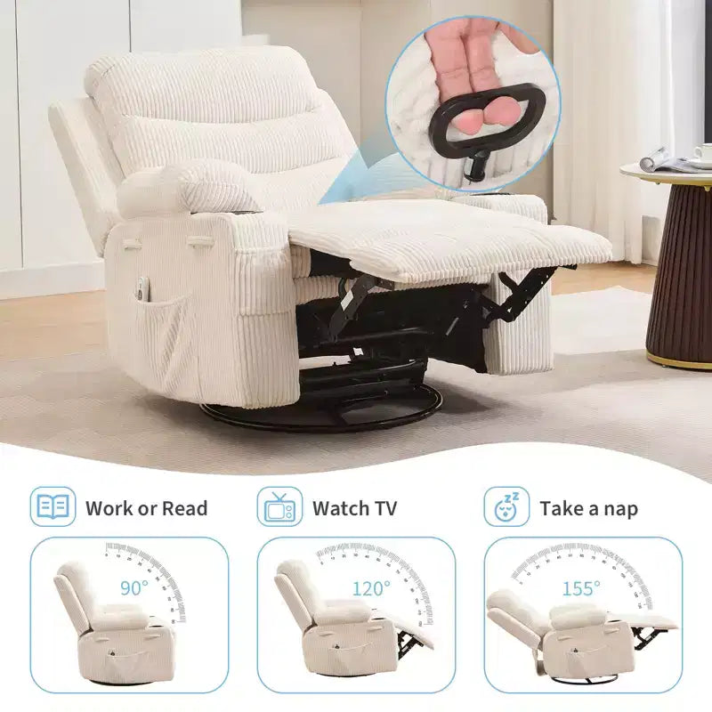 Fauteuil inclinable pivotant à bascule avec massage et chauffage, fauteuil à 360° avec porte-gobelets et poches latérales, ergonomique pour salon, camping-car, chambre de bébé