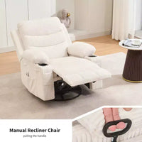 Fauteuil inclinable pivotant à bascule avec massage et chauffage, fauteuil à 360° avec porte-gobelets et poches latérales, ergonomique pour salon, camping-car, chambre de bébé