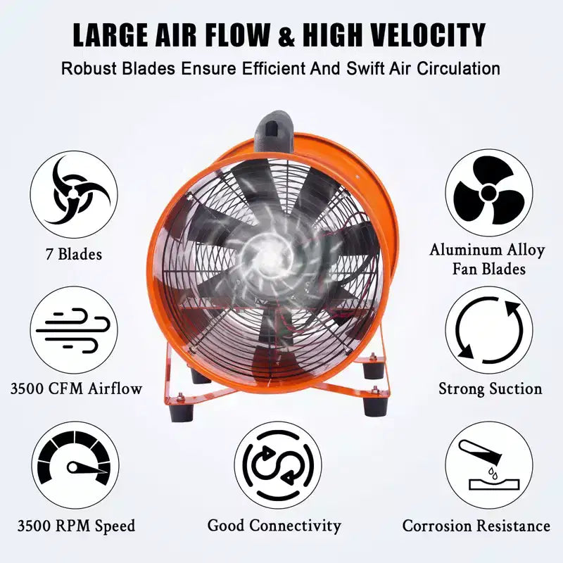 Ventilateur, Ventilateur Souffleur, Ventilateur Souffleur Portable Robuste de 12 Pouces, Moteur Haute Vitesse de 580W avec un Débit d'Air de 3500 PCM, Conduit Flexible de 10 Mètres, Échappement Silencieux