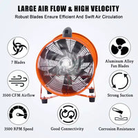 Ventilateur, Ventilateur Souffleur, Ventilateur Souffleur Portable Robuste de 12 Pouces, Moteur Haute Vitesse de 580W avec un Débit d'Air de 3500 PCM, Conduit Flexible de 10 Mètres, Échappement Silencieux