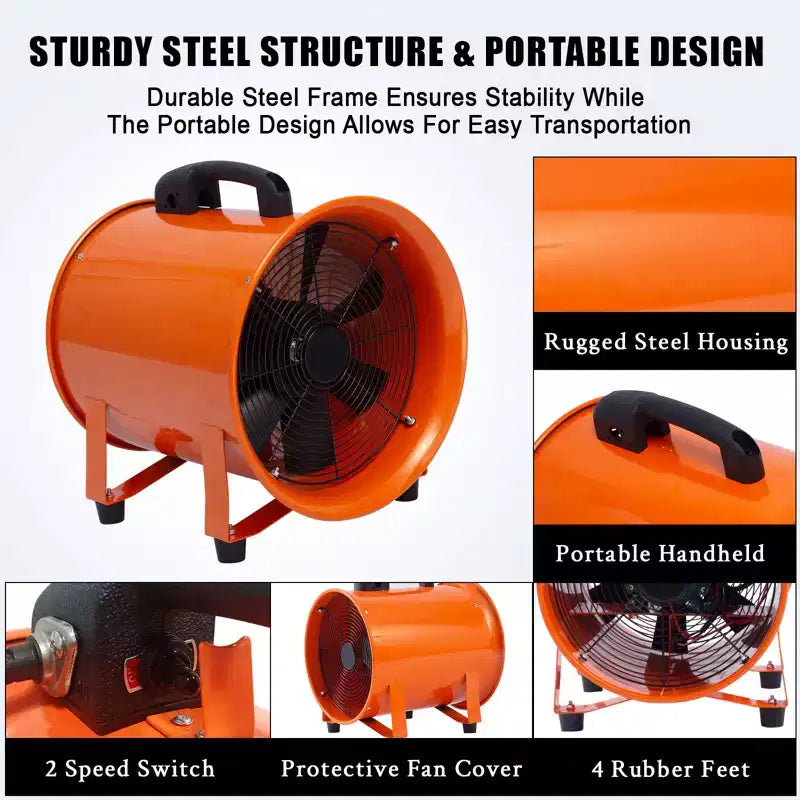 Ventilateur, Ventilateur Souffleur, Ventilateur Souffleur Portable Robuste de 12 Pouces, Moteur Haute Vitesse de 580W avec un Débit d'Air de 3500 PCM, Conduit Flexible de 10 Mètres, Échappement Silencieux