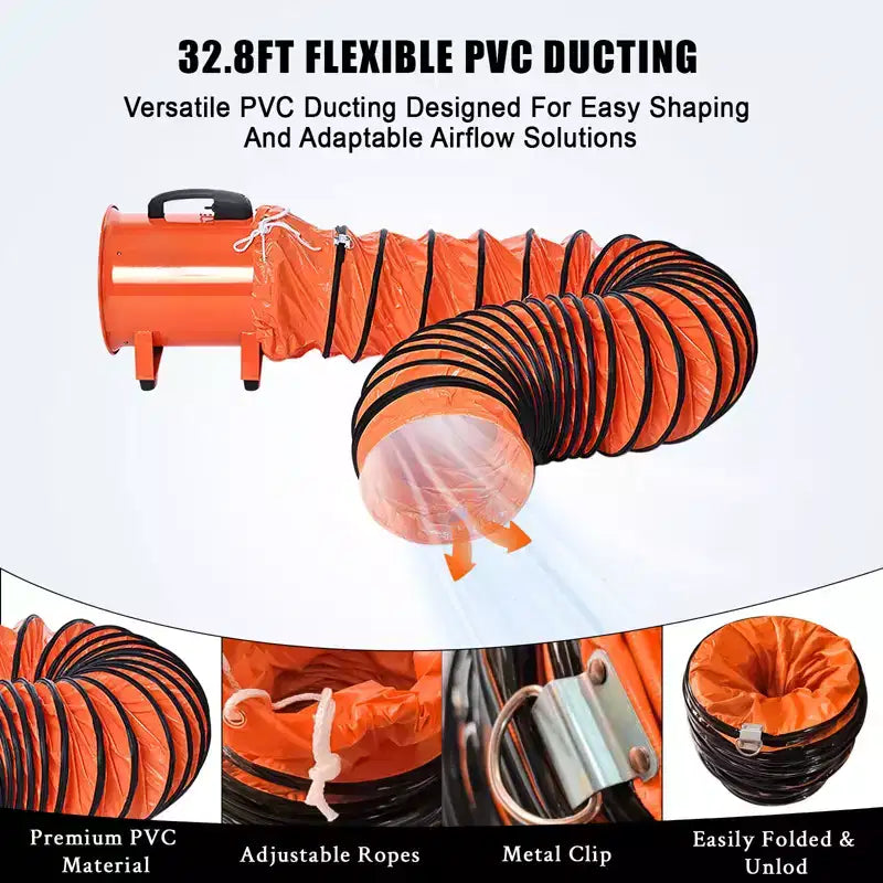 Ventilateur, Ventilateur Souffleur, Ventilateur Souffleur Portable Robuste de 12 Pouces, Moteur Haute Vitesse de 580W avec un Débit d'Air de 3500 PCM, Conduit Flexible de 10 Mètres, Échappement Silencieux
