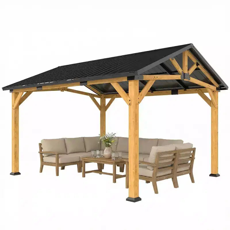 Outsunny Tonnelle de jardin 3,9 x 3,3 m avec toit rigide en métal galvanisé, structure en bois de sapin, pavillon extérieur permanent avec crochet central, noir/gris