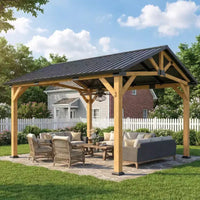 Outsunny Tonnelle de jardin 3,9 x 3,3 m avec toit rigide en métal galvanisé, structure en bois de sapin, pavillon extérieur permanent avec crochet central, noir/gris