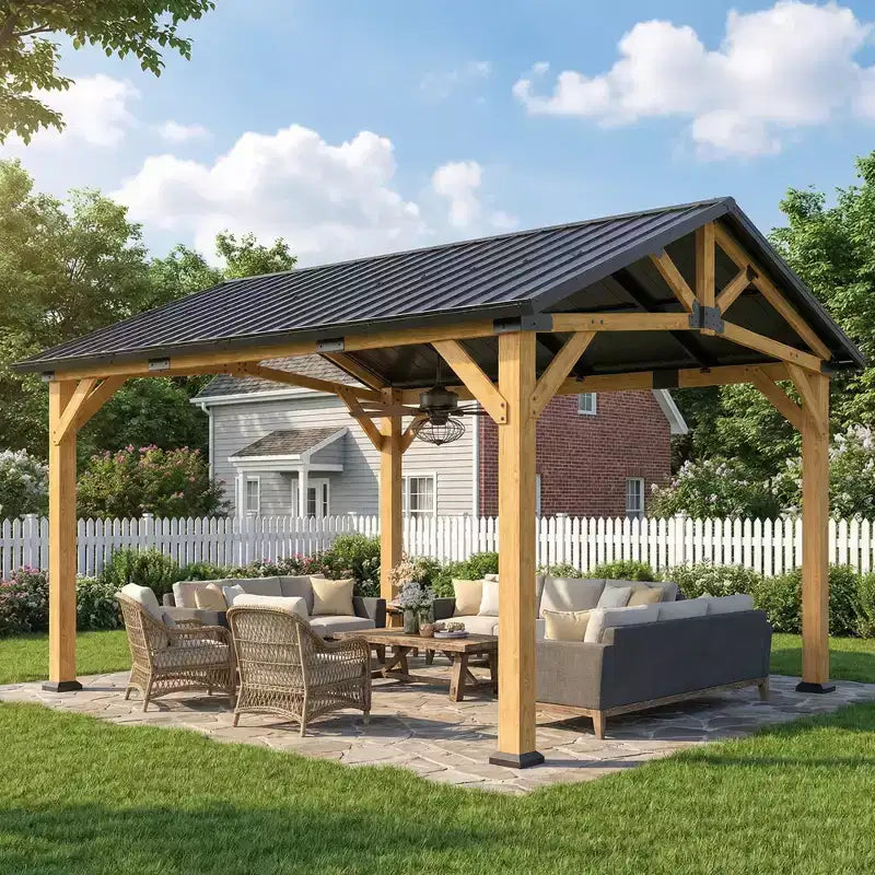 Outsunny Tonnelle de jardin 3,9 x 3,3 m avec toit rigide en métal galvanisé, structure en bois de sapin, pavillon extérieur permanent avec crochet central, noir/gris