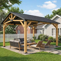 Outsunny Tonnelle de jardin 3,9 x 3,3 m avec toit rigide en métal galvanisé, structure en bois de sapin, pavillon extérieur permanent avec crochet central, noir/gris