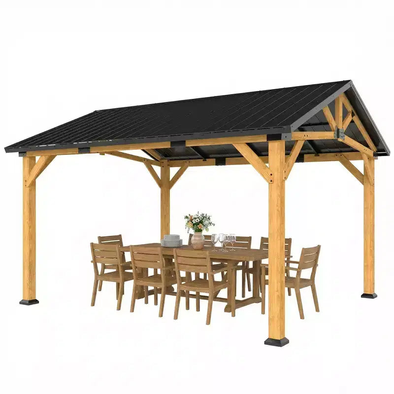 Outsunny Tonnelle de jardin 3,9 x 3,3 m avec toit rigide en métal galvanisé, structure en bois de sapin, pavillon extérieur permanent avec crochet central, noir/gris