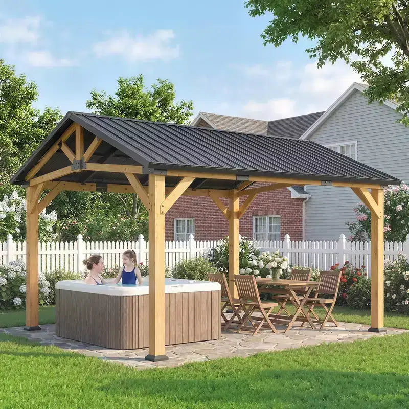 Outsunny Tonnelle de jardin 3,9 x 3,3 m avec toit rigide en métal galvanisé, structure en bois de sapin, pavillon extérieur permanent avec crochet central, noir/gris