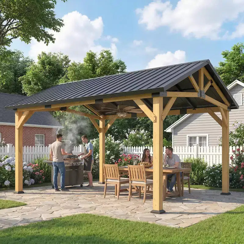 Outsunny Tonnelle de jardin 3,9 x 3,3 m avec toit rigide en métal galvanisé, structure en bois de sapin, pavillon extérieur permanent avec crochet central, noir/gris