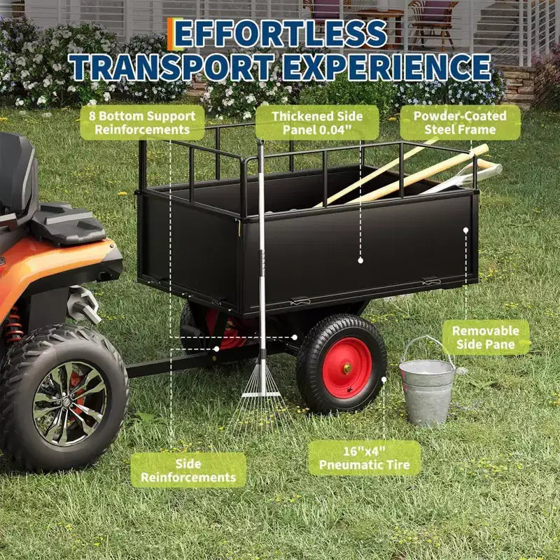 Benne basculante, remorque utilitaire, benne tractée pour VTT/VUT, capacité 1600 lb, 22 pieds cubes, remorque de jardin robuste avec côtés amovibles