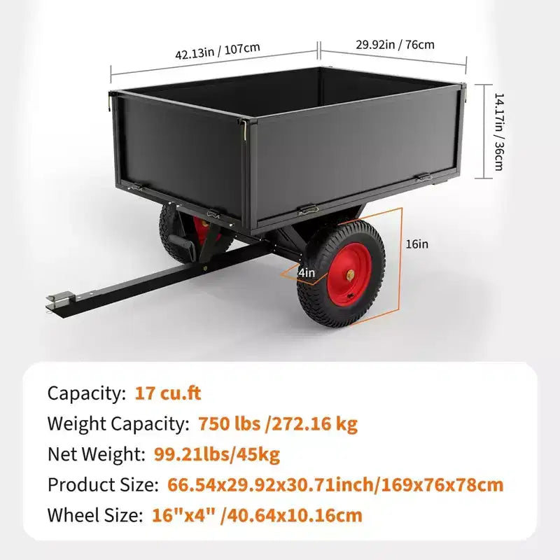 Benne basculante, remorque utilitaire, benne tractée pour VTT/VUT, capacité 1600 lb, 22 pieds cubes, remorque de jardin robuste avec côtés amovibles