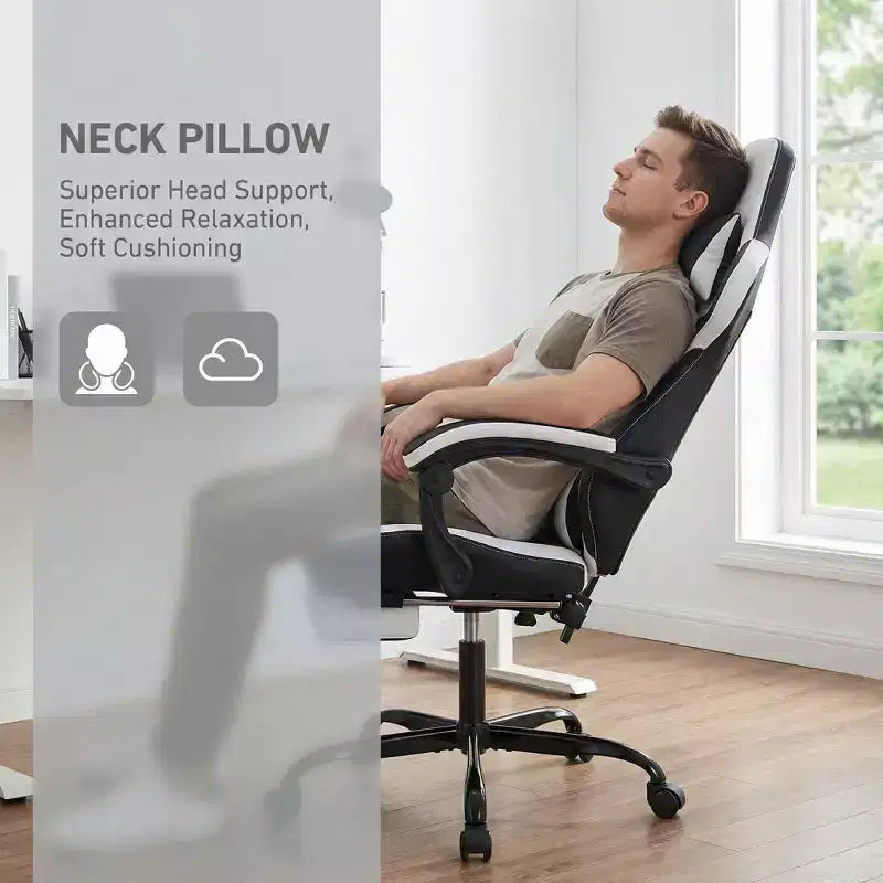 Chaise gaming LauKingdom avec repose-pieds, chaise gamer ergonomique à dossier haut, appui-tête et lombaire réglables, cuir PU de style course pour le bureau et la maison