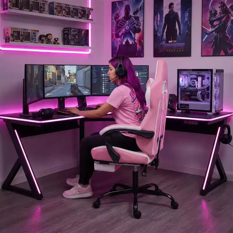Chaise gaming LauKingdom avec repose-pieds, chaise gamer ergonomique à dossier haut, appui-tête et lombaire réglables, cuir PU de style course pour le bureau et la maison