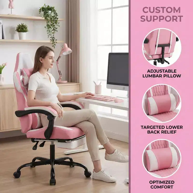 Chaise gaming LauKingdom avec repose-pieds, chaise gamer ergonomique à dossier haut, appui-tête et lombaire réglables, cuir PU de style course pour le bureau et la maison