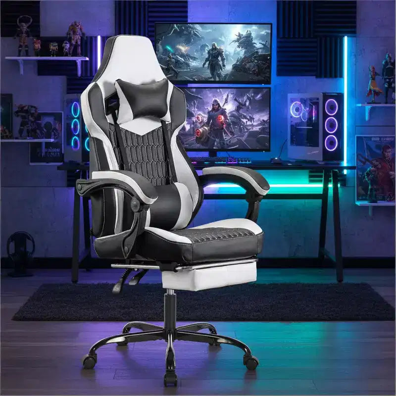 Chaise gaming LauKingdom avec repose-pieds, chaise gamer ergonomique à dossier haut, appui-tête et lombaire réglables, cuir PU de style course pour le bureau et la maison