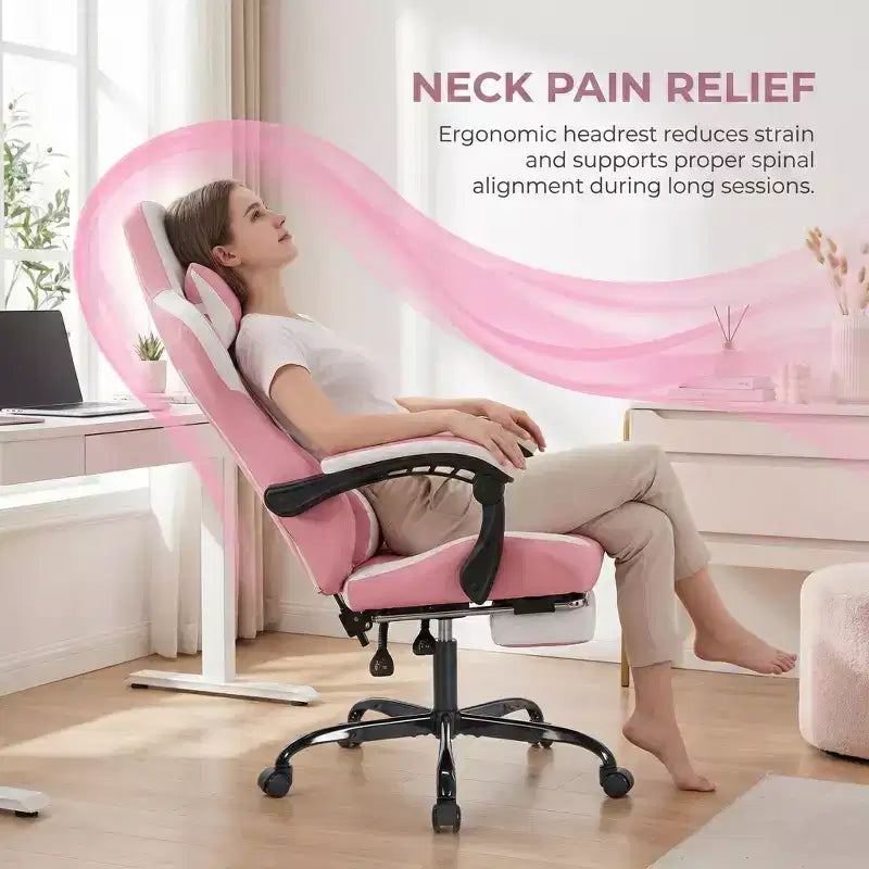 Chaise gaming LauKingdom avec repose-pieds, chaise gamer ergonomique à dossier haut, appui-tête et lombaire réglables, cuir PU de style course pour le bureau et la maison