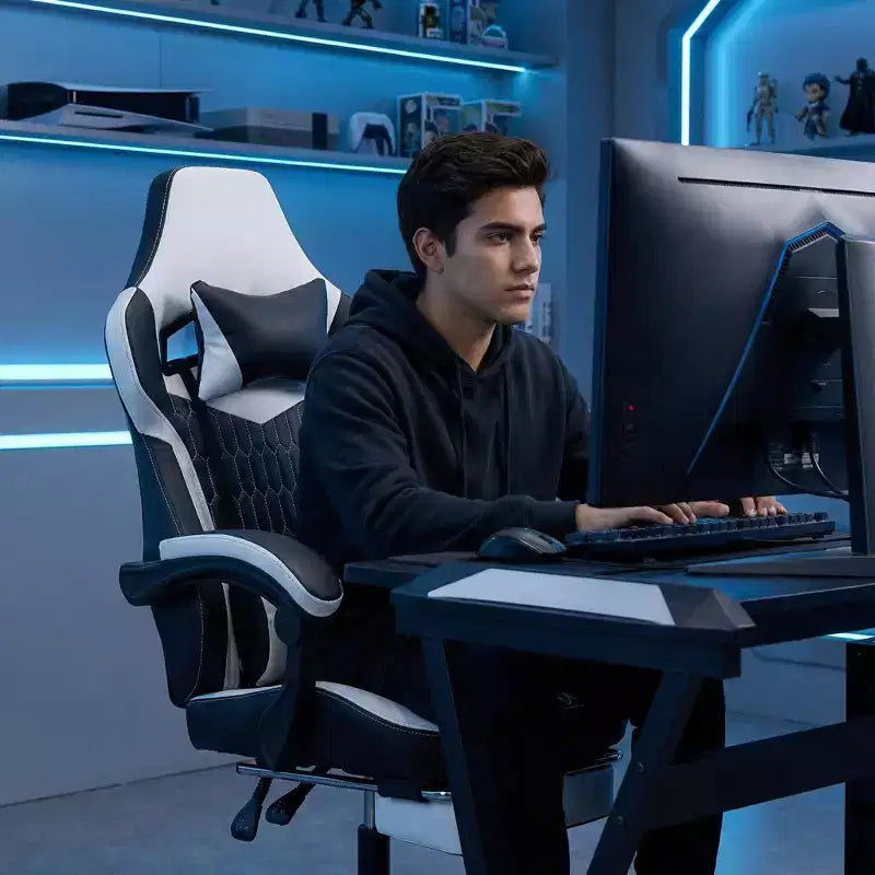 Chaise gaming LauKingdom avec repose-pieds, chaise gamer ergonomique à dossier haut, appui-tête et lombaire réglables, cuir PU de style course pour le bureau et la maison