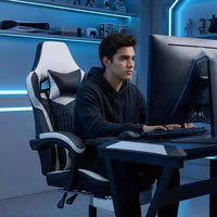 Chaise gaming LauKingdom avec repose-pieds, chaise gamer ergonomique à dossier haut, appui-tête et lombaire réglables, cuir PU de style course pour le bureau et la maison