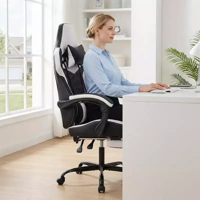 Chaise gaming LauKingdom avec repose-pieds, chaise gamer ergonomique à dossier haut, appui-tête et lombaire réglables, cuir PU de style course pour le bureau et la maison